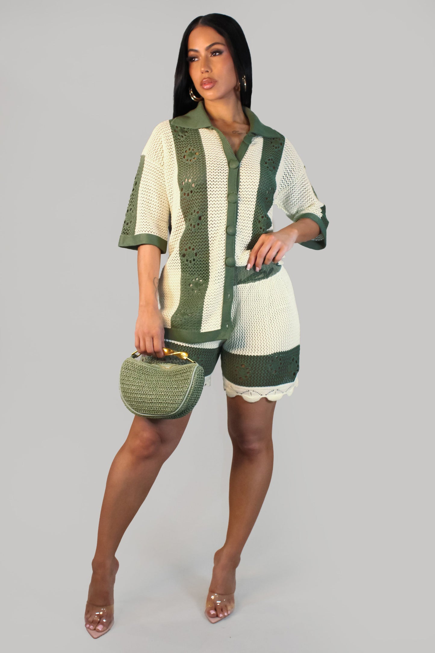 Contrast Crochet Shorts Set- Cream/Olive