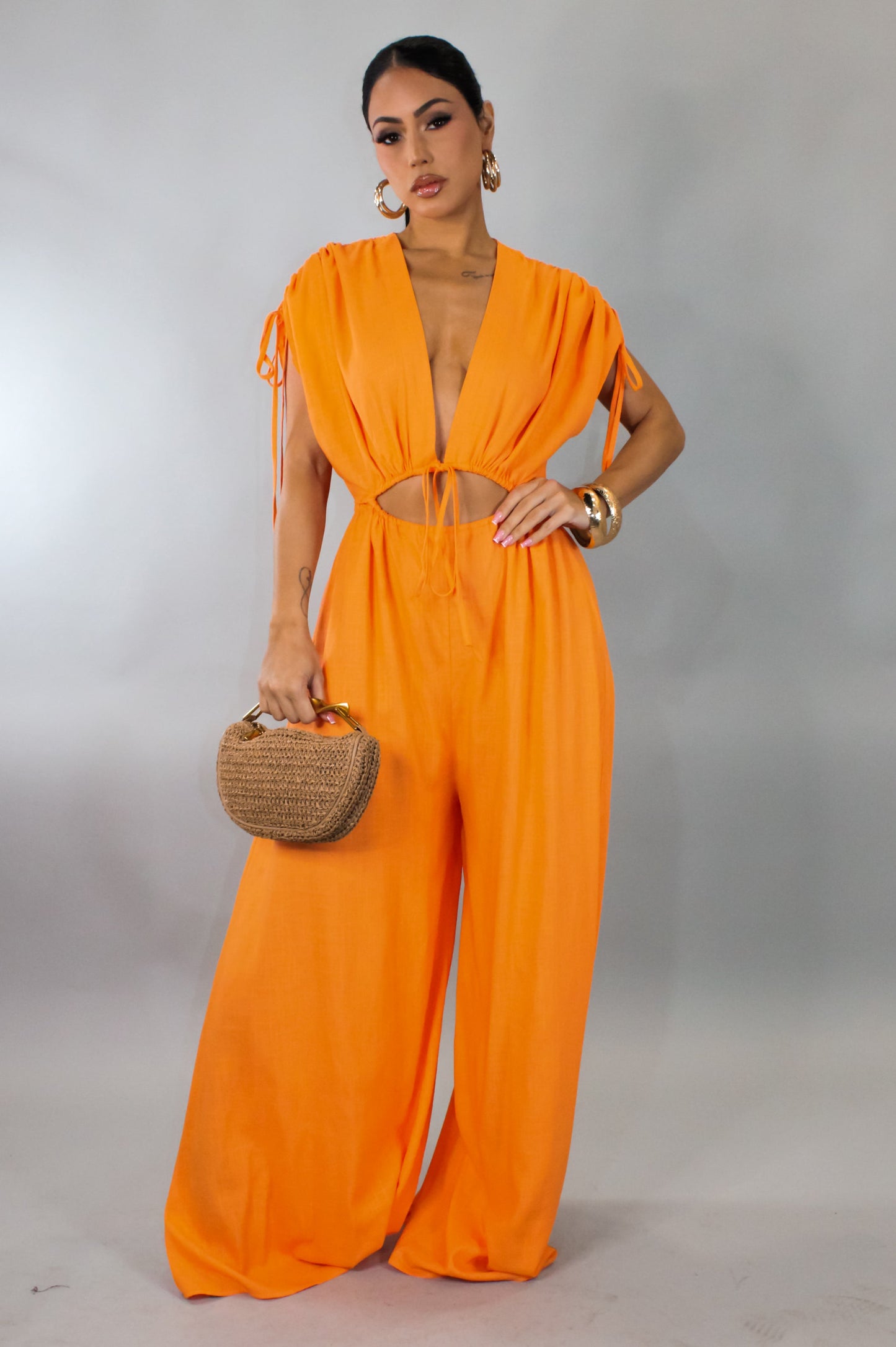 Wide Leg Stringed Jumpsuit- Orange