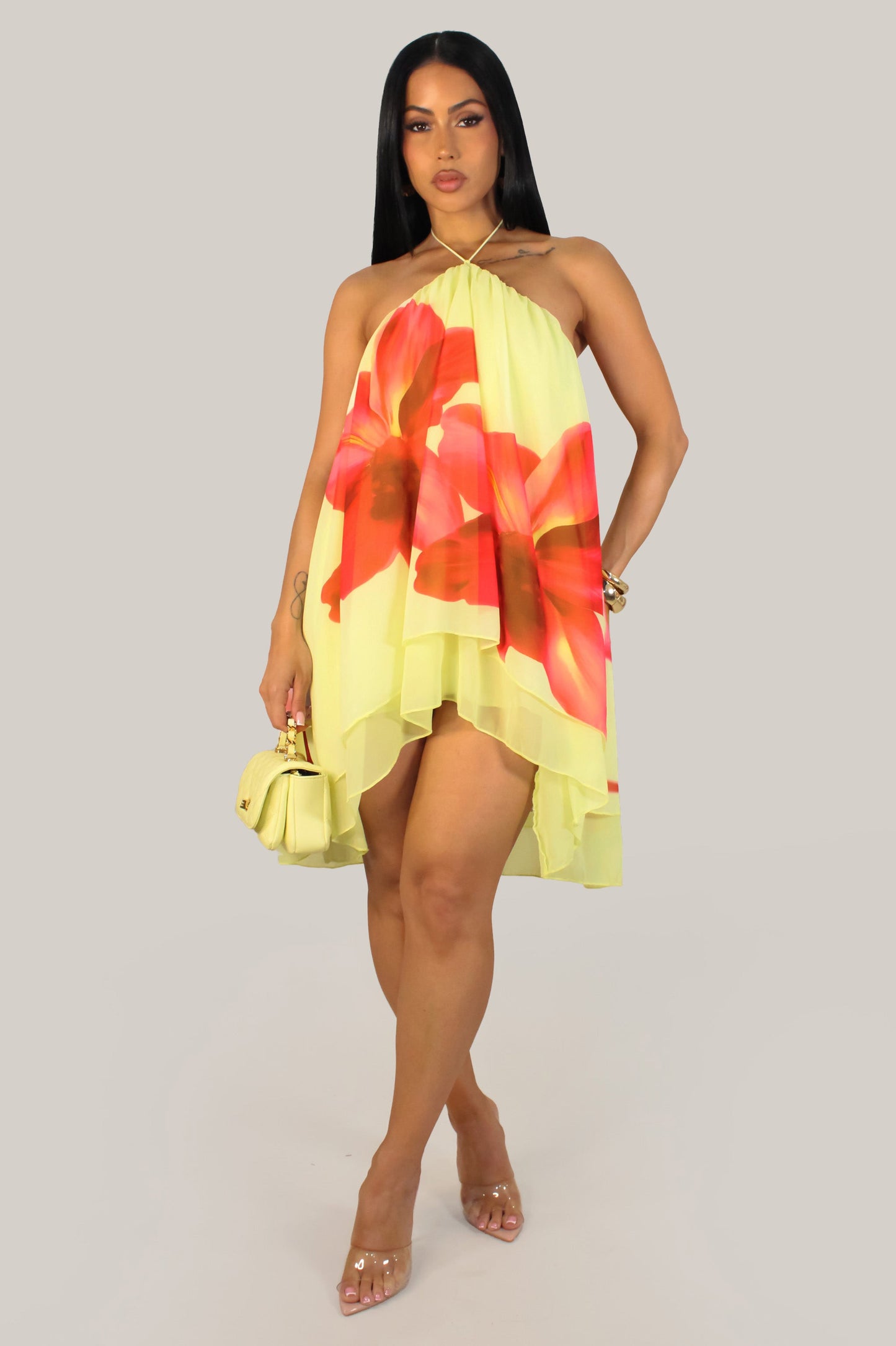 Mamacita High Low Halter Neck Floral Dress- Yellow