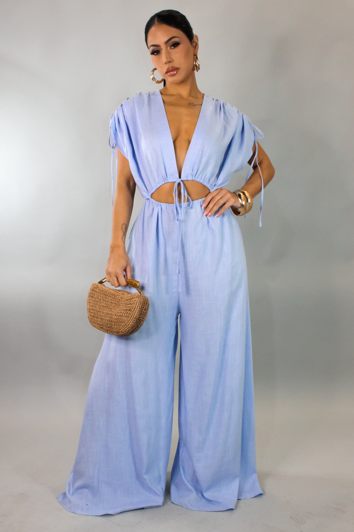 Wide Leg Stringed Jumpsuit- Blue