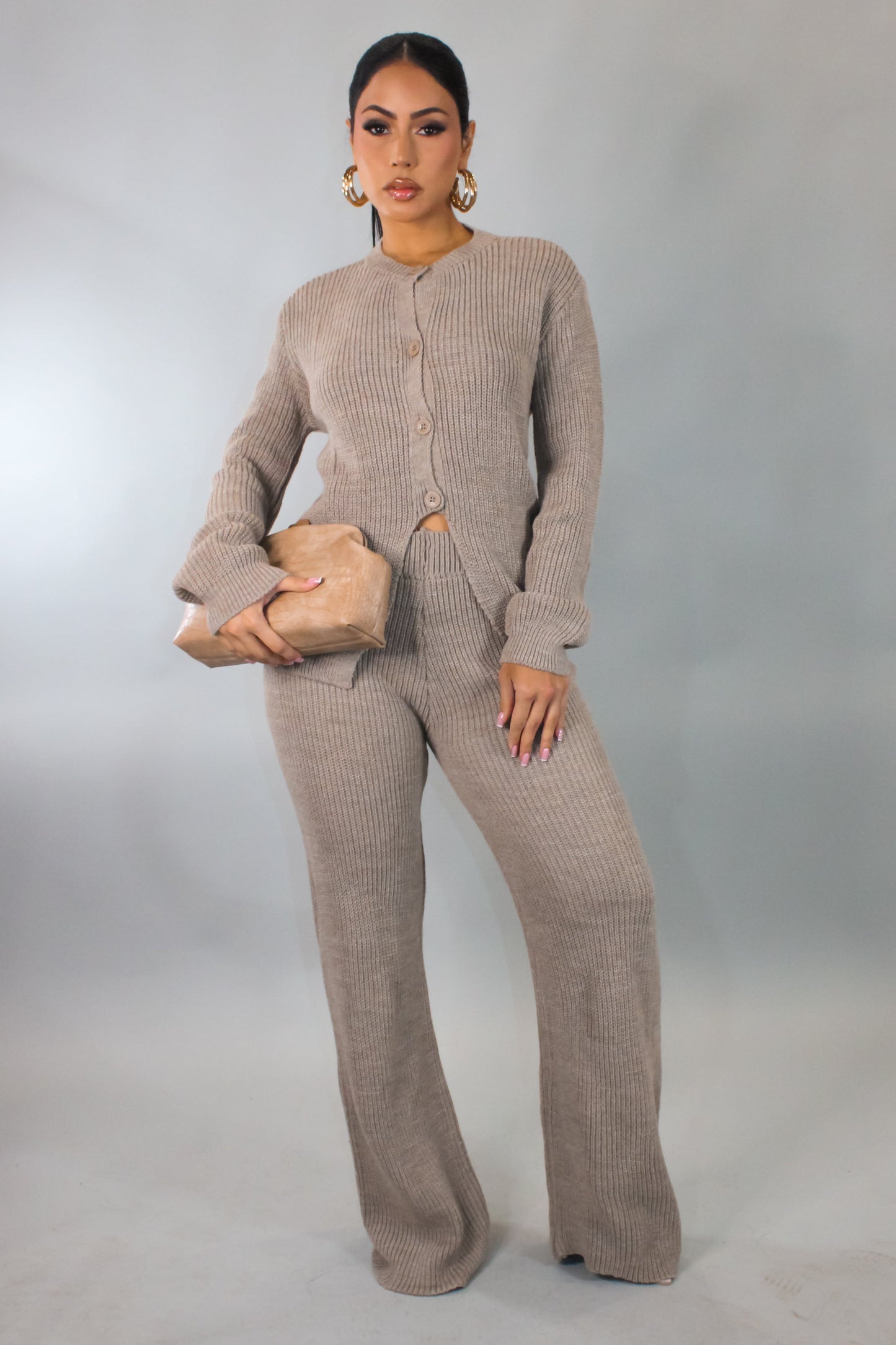 Let's Get Comfy Knit Pants Set-Brown