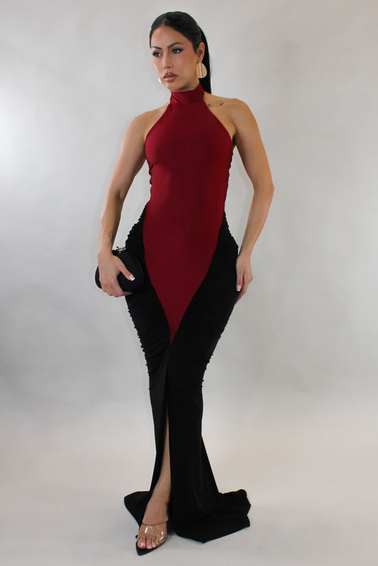 Take it Slow Ruched Maxi Dess- Red