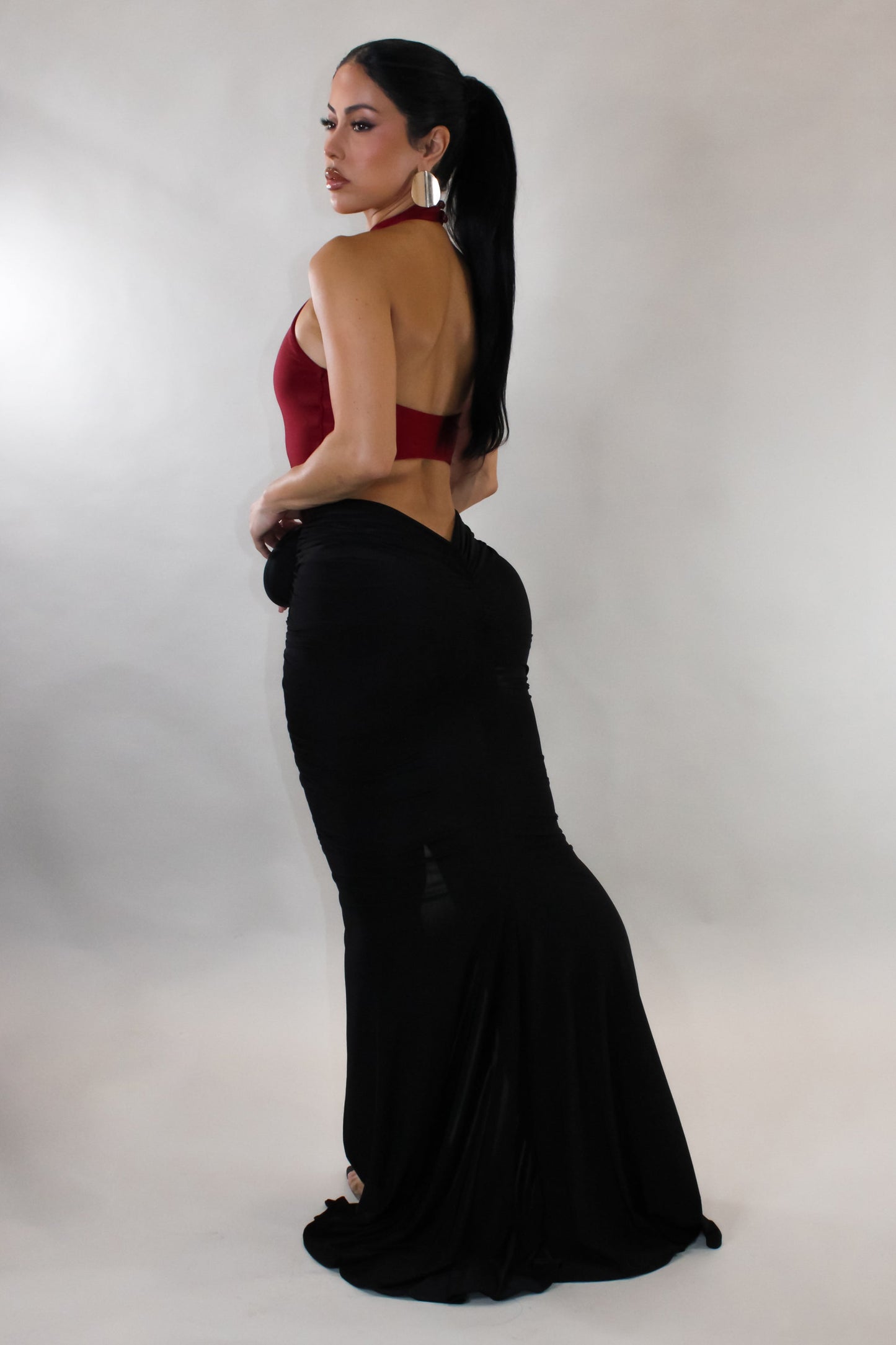 Take it Slow Ruched Maxi Dess- Red