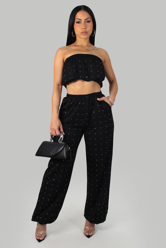 Rhinestone Bling Pants & Cropped Top Set- Black