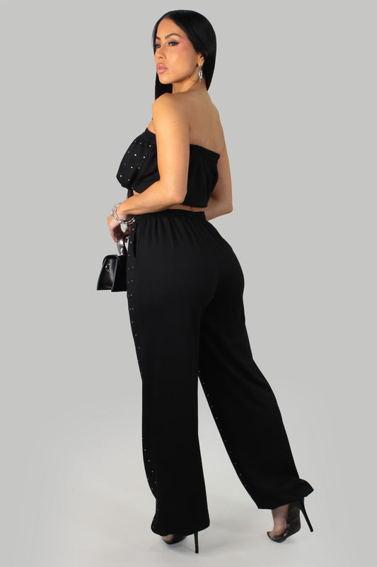 Rhinestone Bling Pants & Cropped Top Set- Black