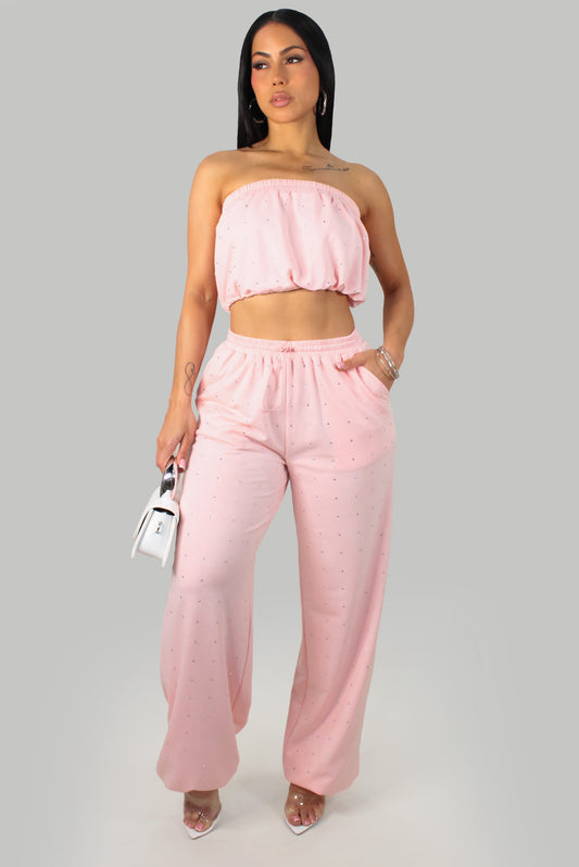 Rhinestone Bling Pants & Cropped Top Set- Pink