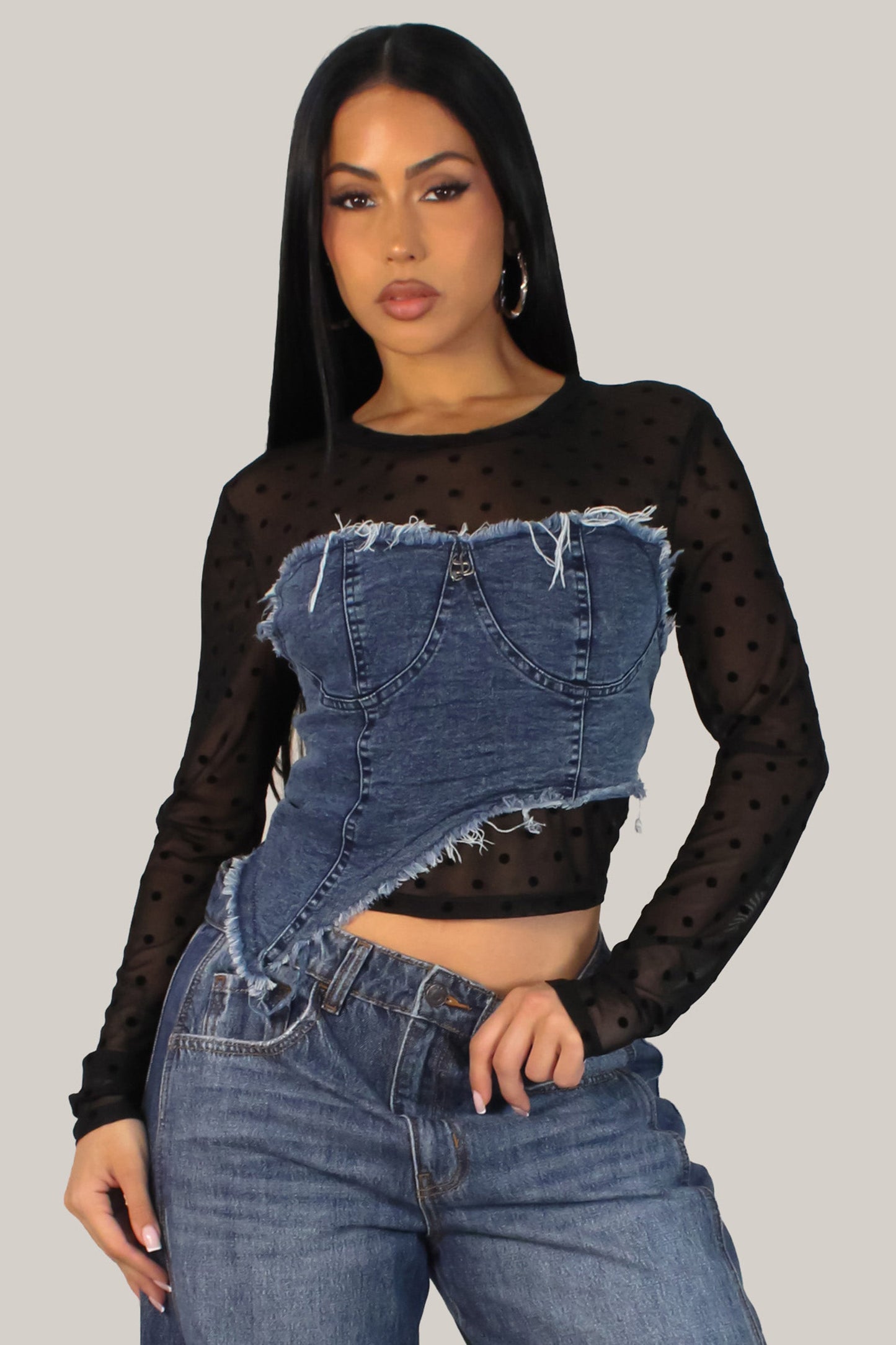 Denim on Sheer Blouse- Black
