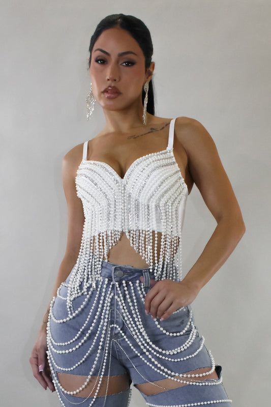 Elegance & Pearls Cropped Top- White