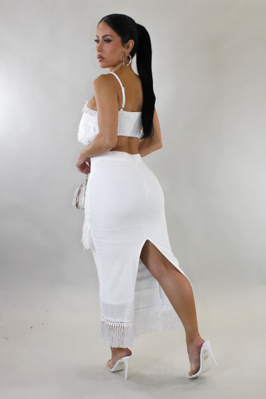 Pearl Wishes Tasseled Midi Dress- White