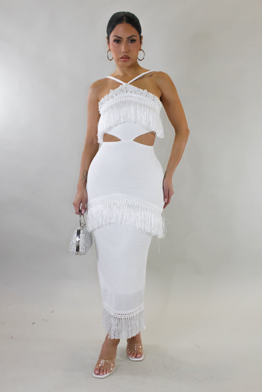 Pearl Wishes Tasseled Midi Dress- White