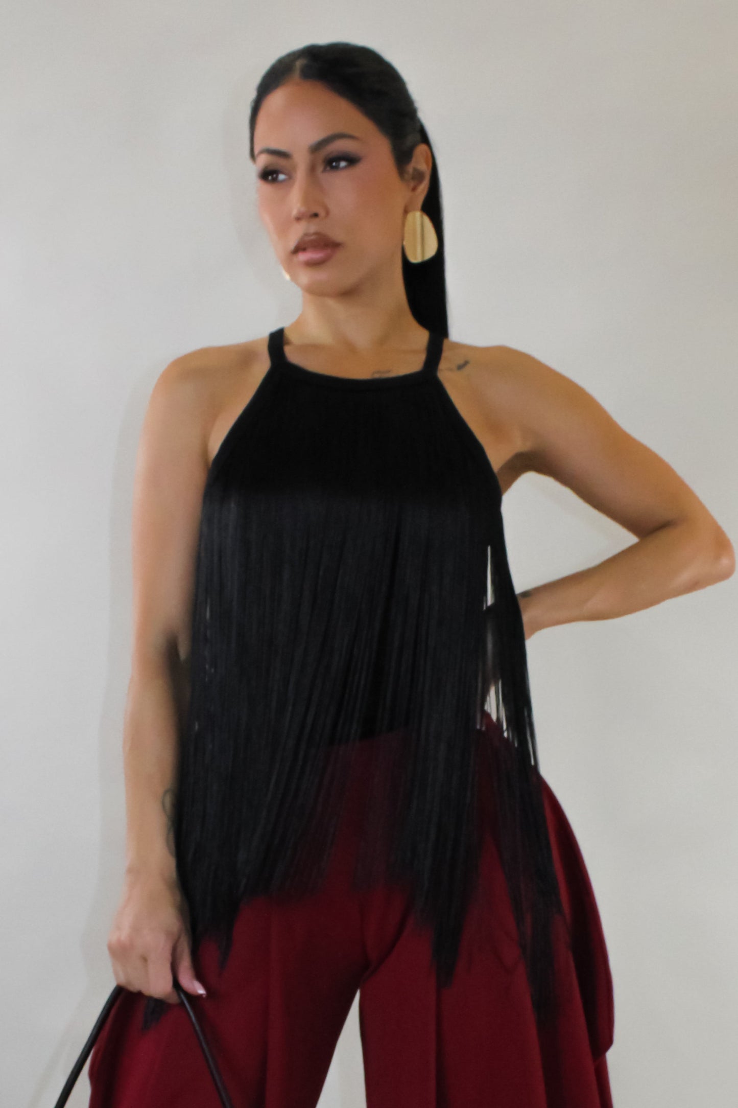 Fringe Bodysuit Top- Black