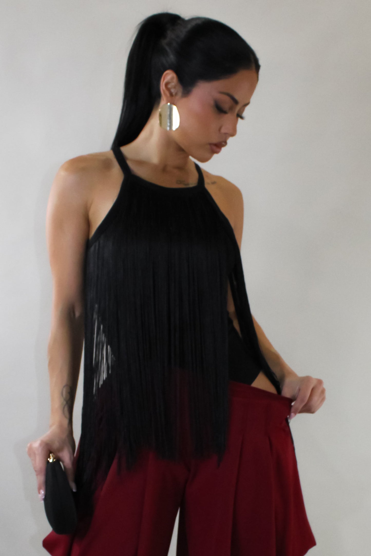 Fringe Bodysuit Top- Black