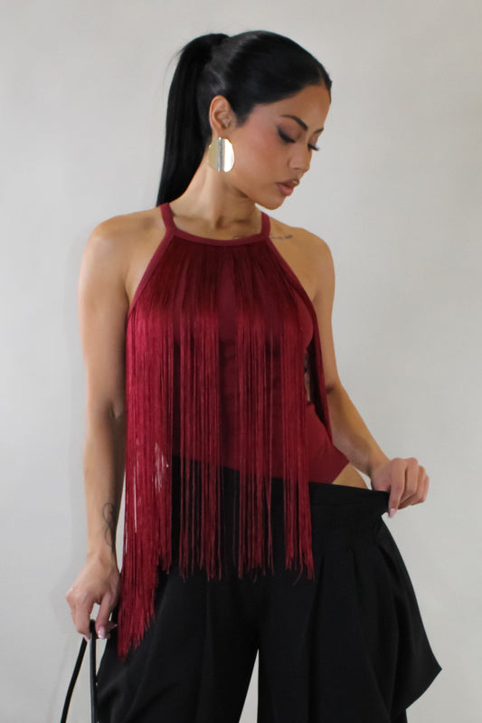 Fringe Bodysuit Top- Burgundy