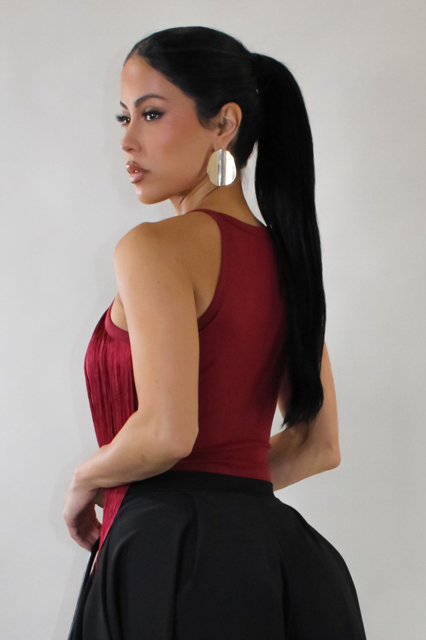 Fringe Bodysuit Top- Burgundy