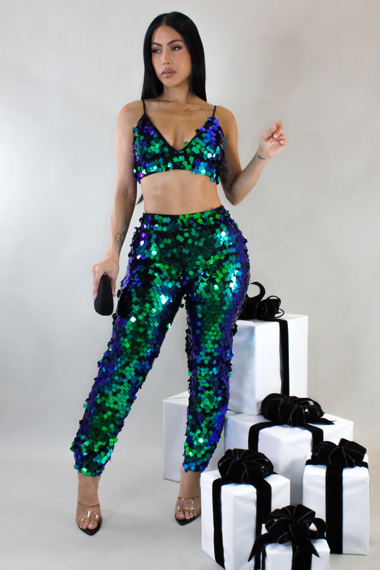 Let's Get the Party Started Sequin Pants Set-Green/Blue