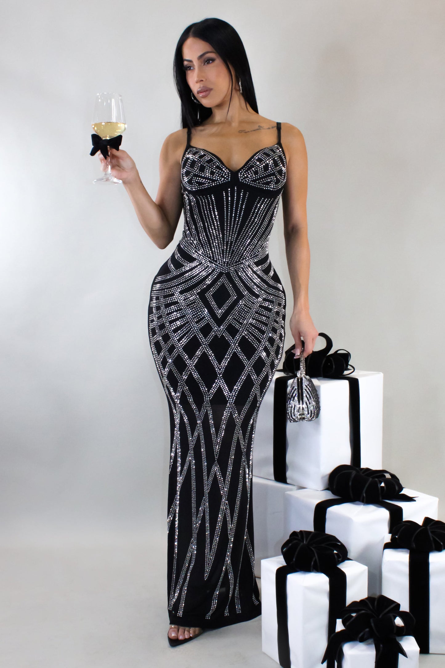 Rhinestone Drizzle Maxi Dress- Black