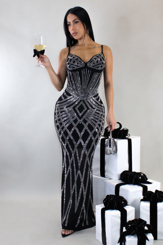 Rhinestone Drizzle Maxi Dress- Black