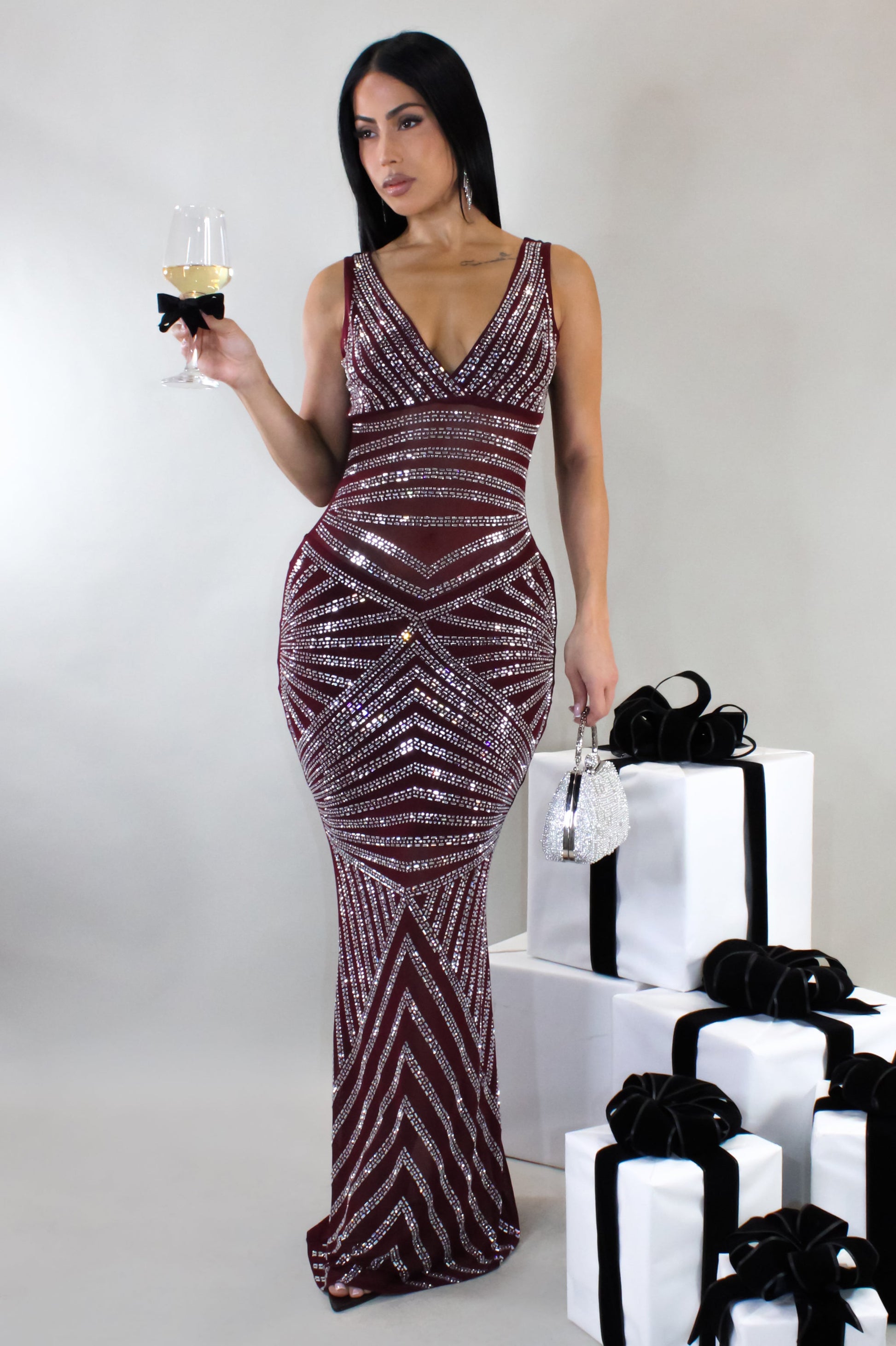 Rhinestone Drizzle Maxi Dress- Burgundy L Rhinestone Drizzle Maxi Dress- Burgundy L
