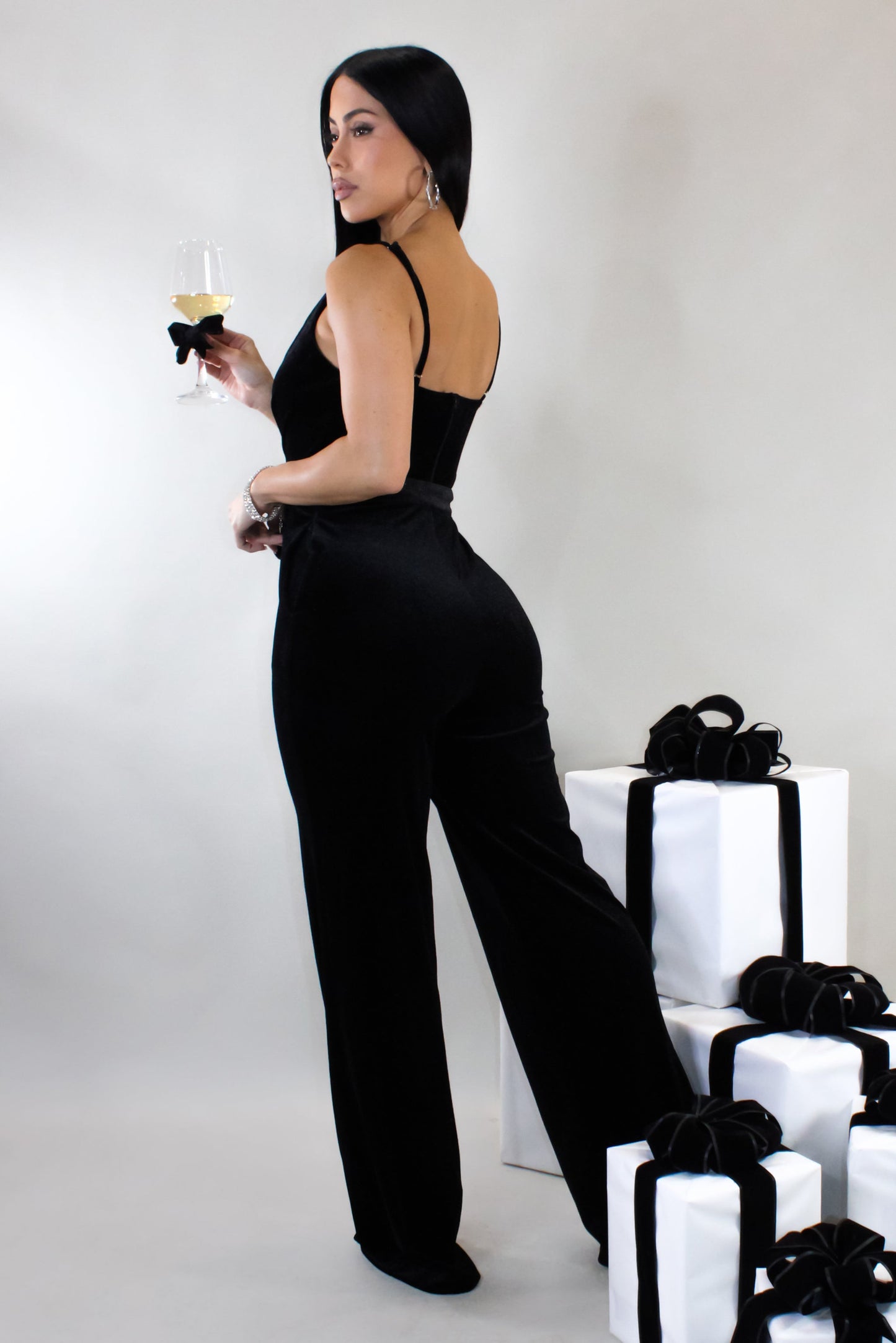 Belted Velvet Jumpsuit- Black
