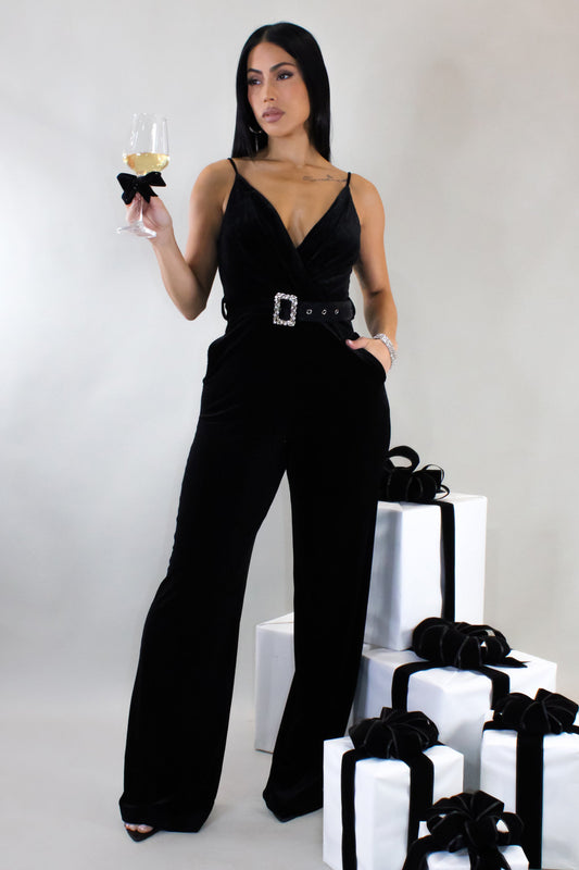 Belted Velvet Jumpsuit- Black