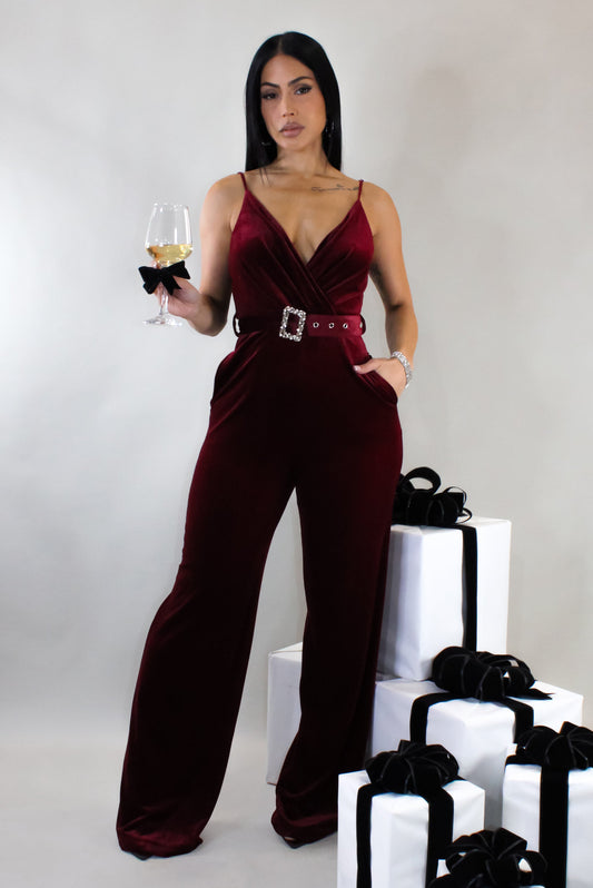 Belted Velvet Jumpsuit- Burgundy