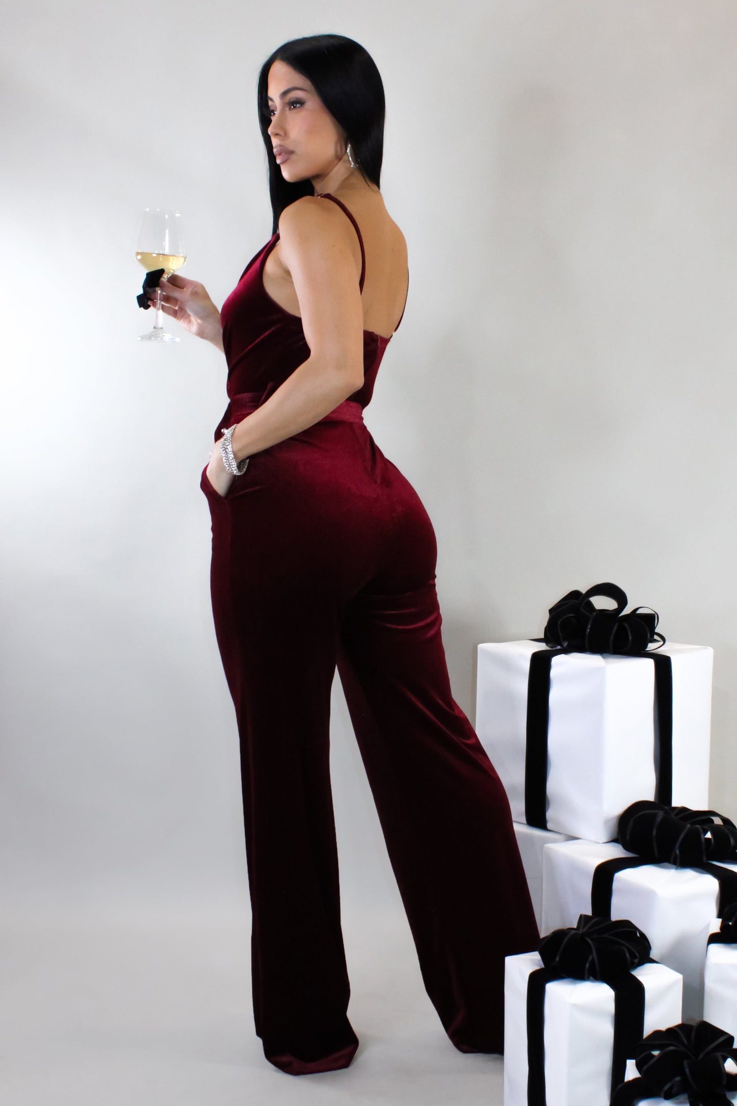 Belted Velvet Jumpsuit- Burgundy