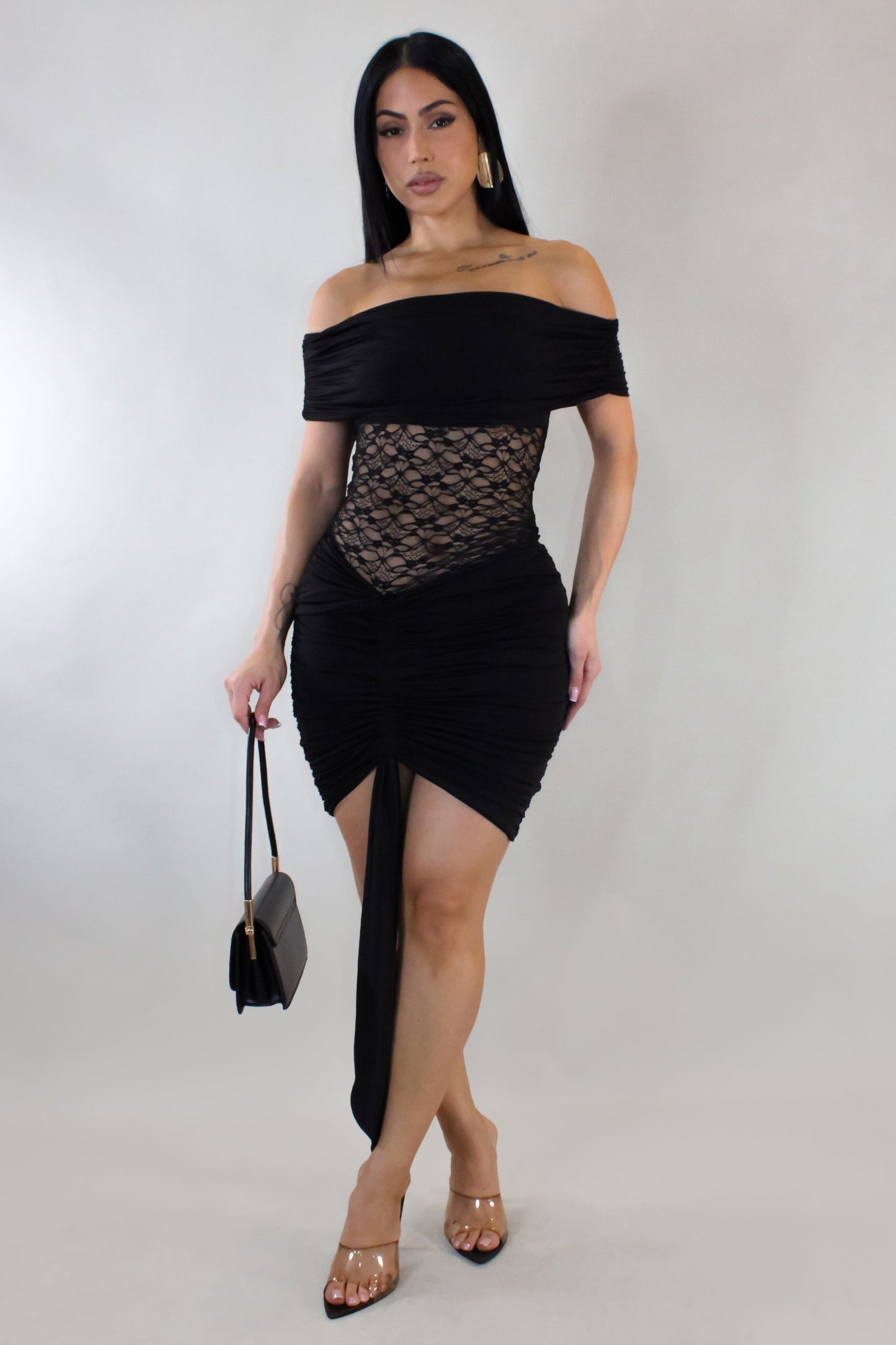 Laced Up Off Shoulder Mini Dress- Black