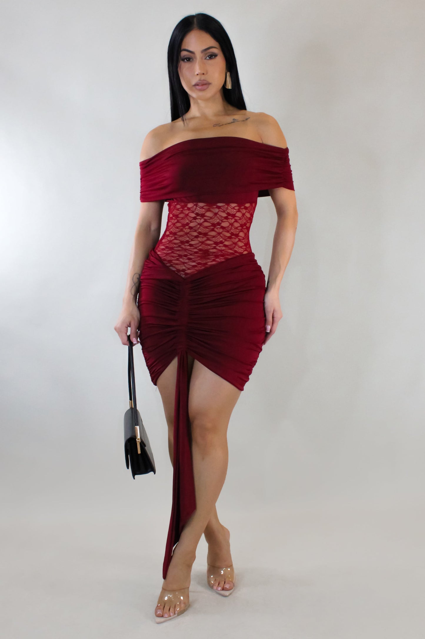 Laced Up Off Shoulder Mini Dress- Red