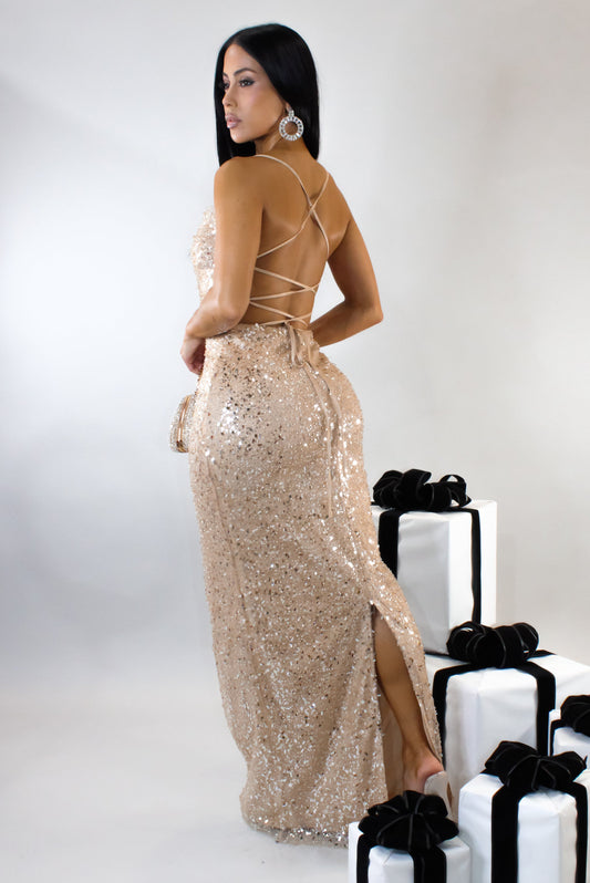 Glitz & Glam Sequin Maxi Dress- Beige