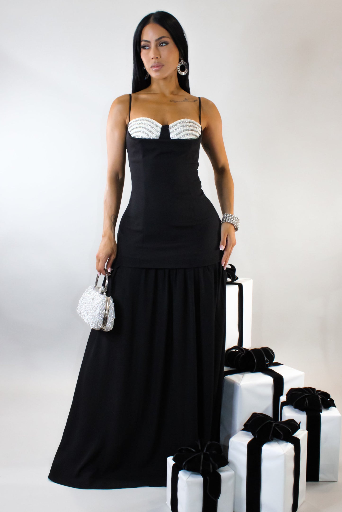 Pearl Embroidered Topped Maxi Dress- Black