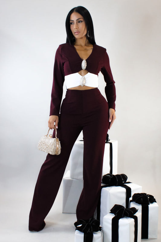 Dinner in Rome Pants Set- Burgundy