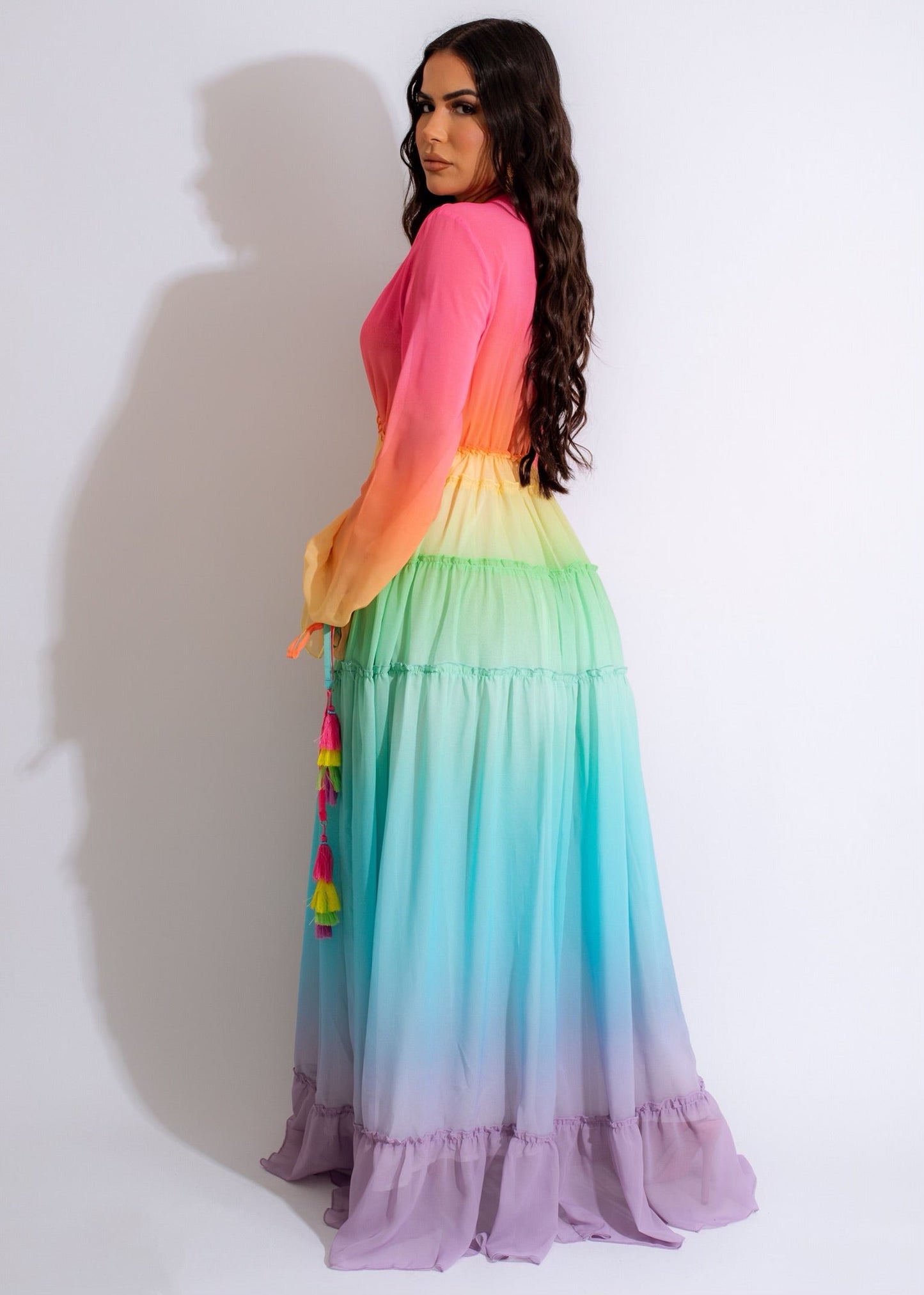Ombre Chiffon Bubble Sleeve Maxi Dress