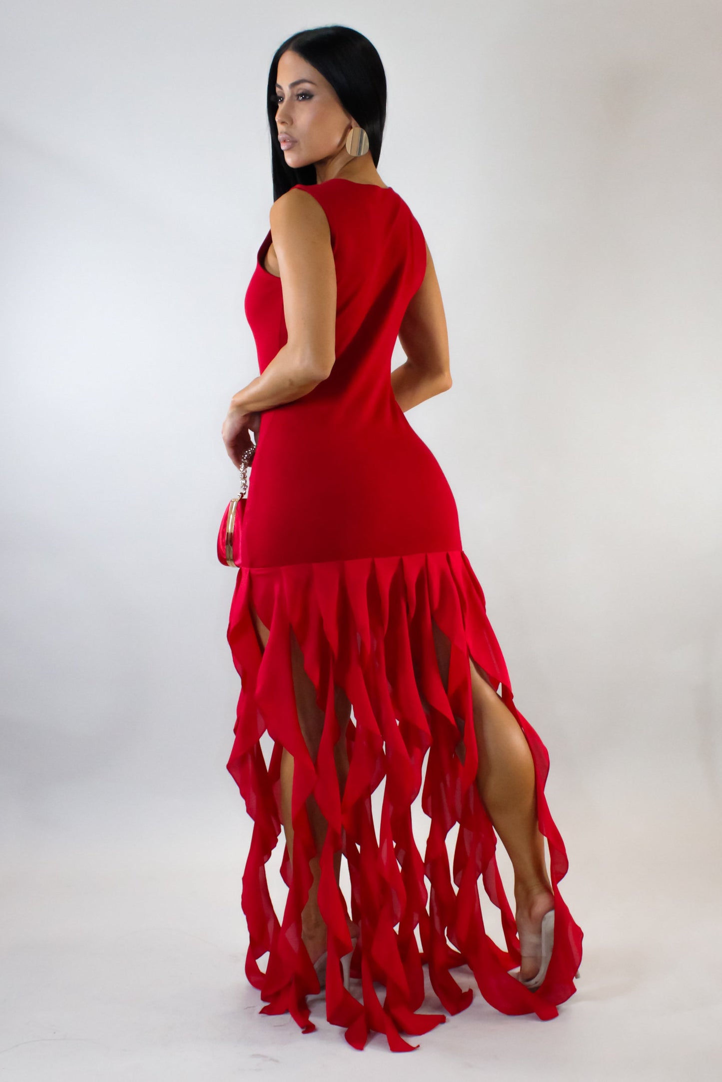 Set in My Ways Ruffled Flames Maxi Dress- Red