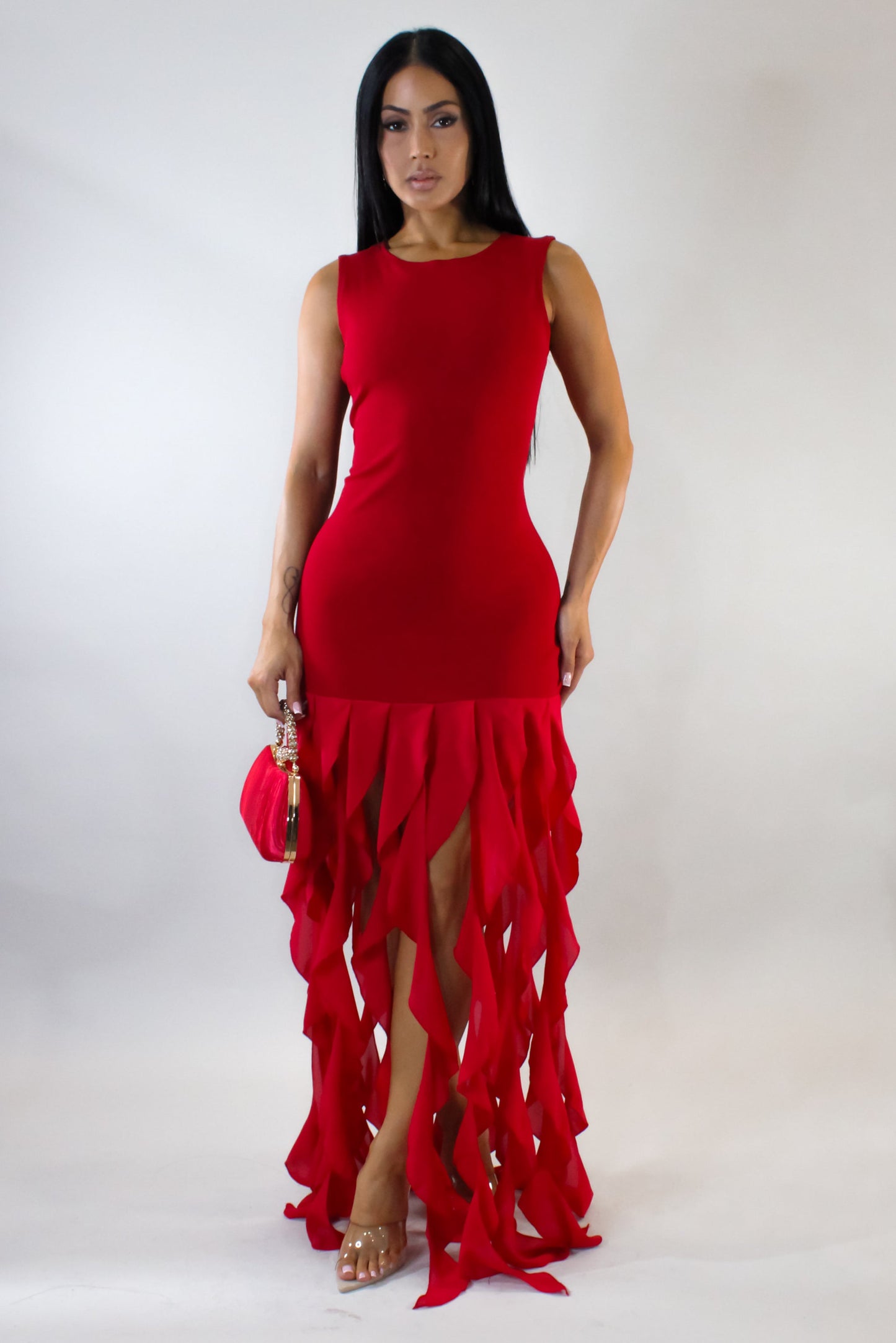 Set in My Ways Ruffled Flames Maxi Dress- Red