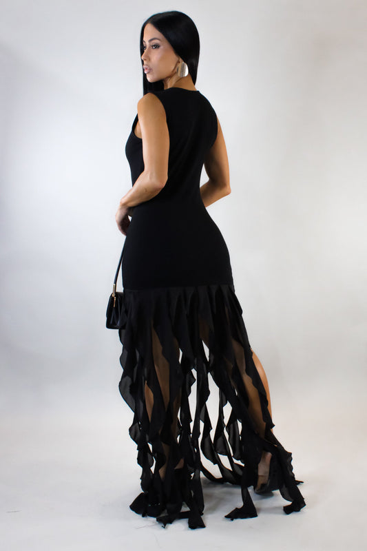 Set in My Ways Ruffled Flames Maxi Dress- Black