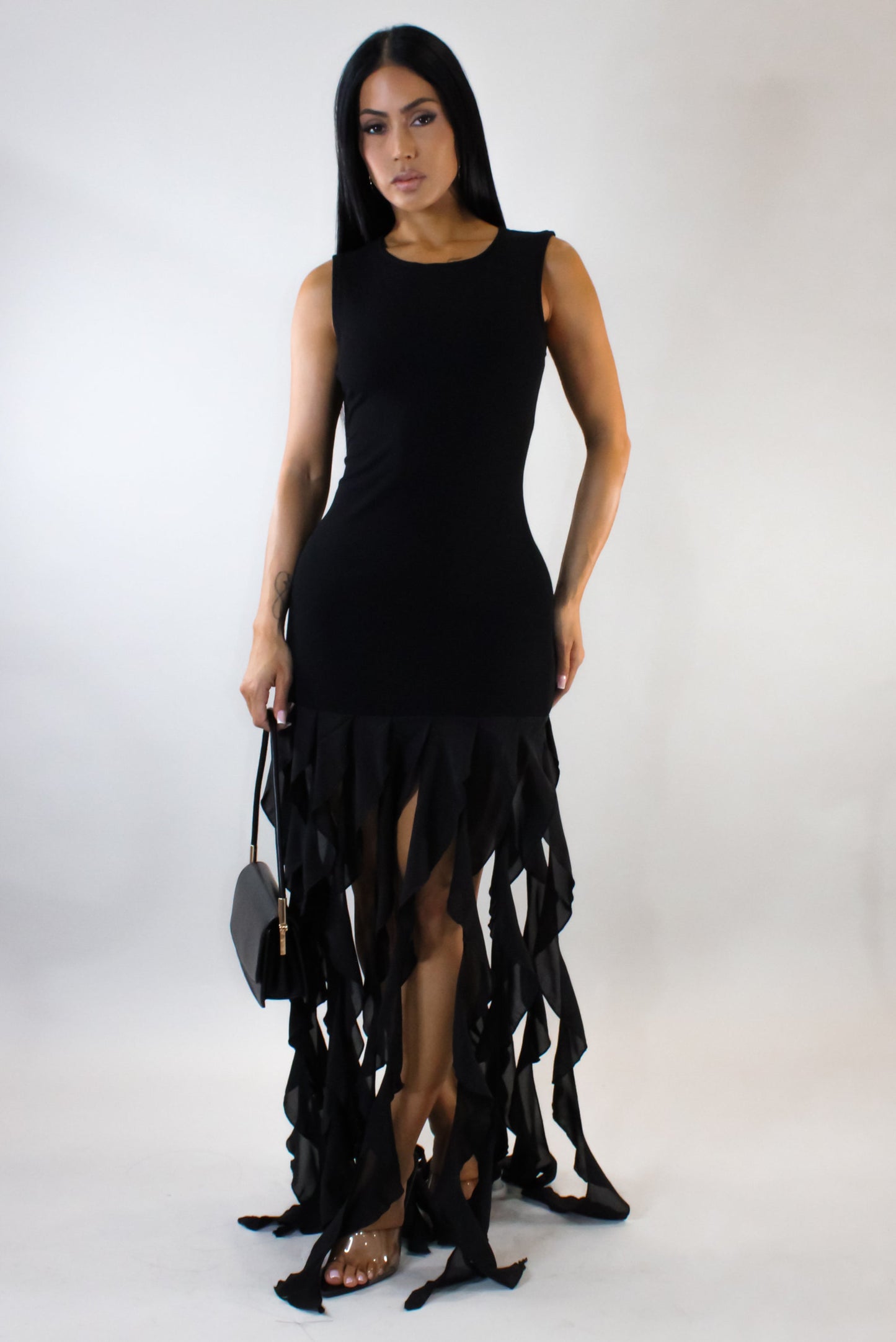 Set in My Ways Ruffled Flames Maxi Dress- Black