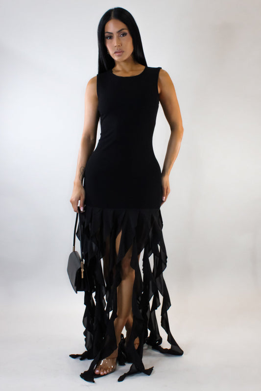 Set in My Ways Ruffled Flames Maxi Dress- Black