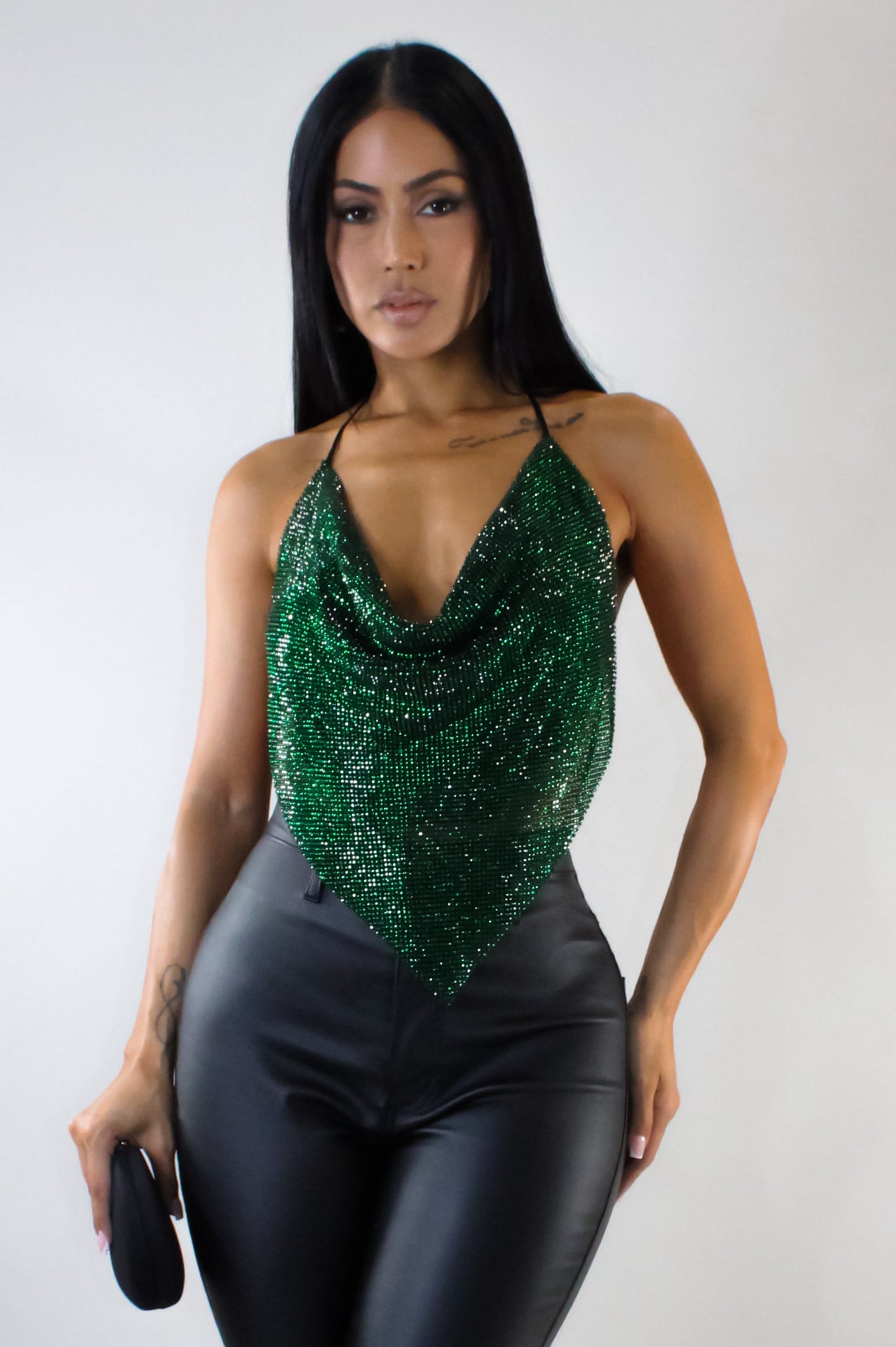 Glitter Bom Halter Neck Open Back Top- Green