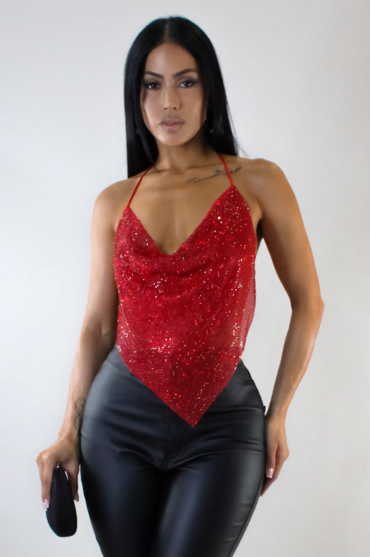 Glitter Bom Halter Neck Open Back Top- Red