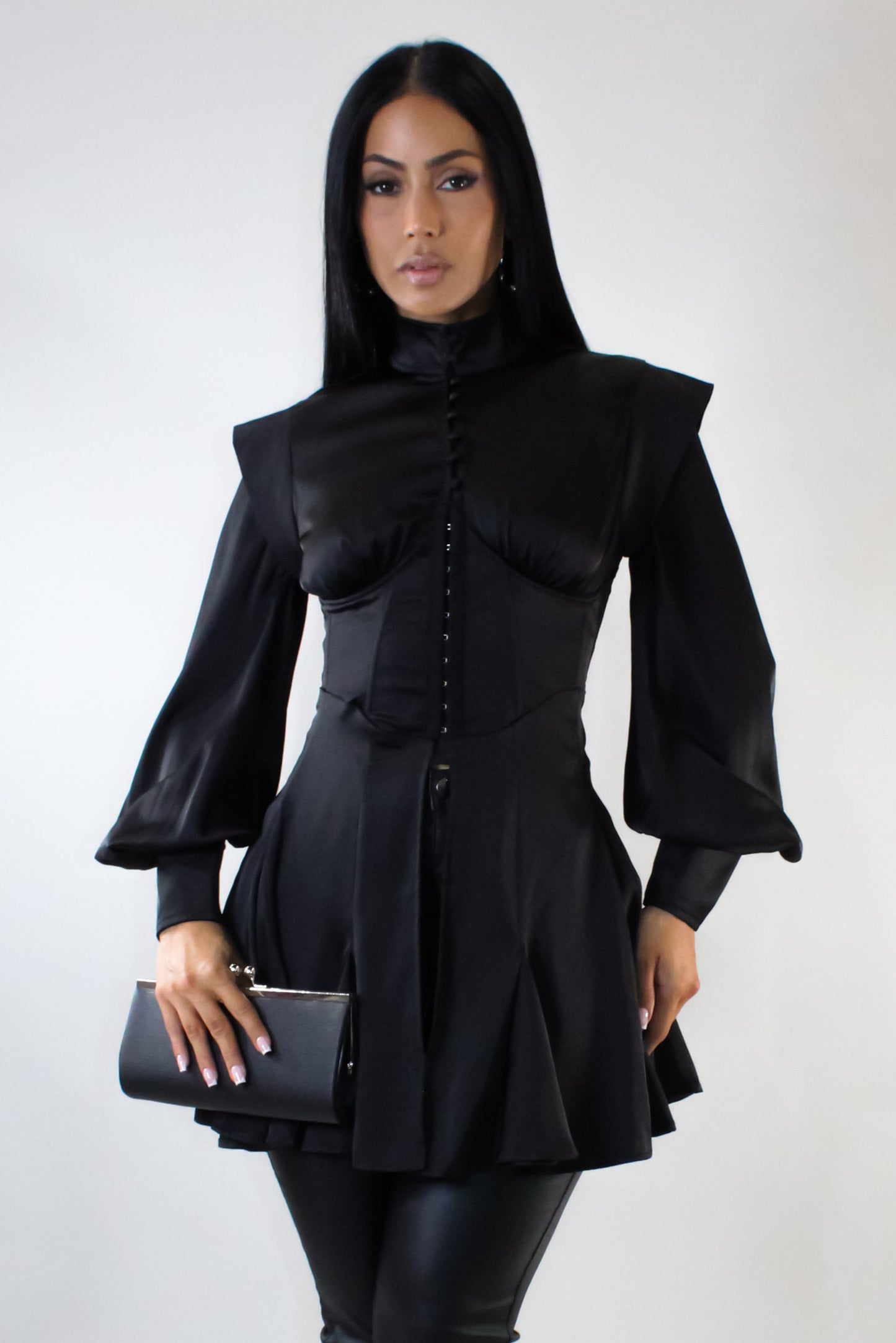 Buttoned Down Corset Top/Shirt Dress- Black