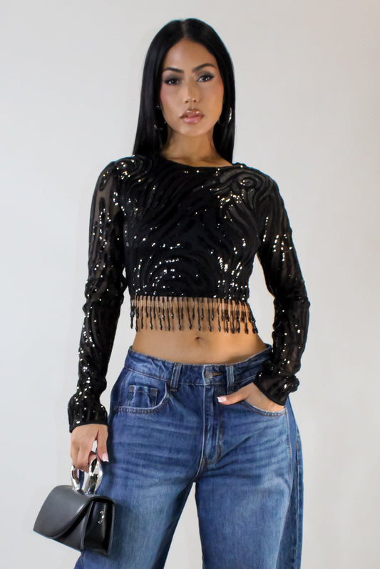 Sequin Tassel Drizzle Cropped Top- Black