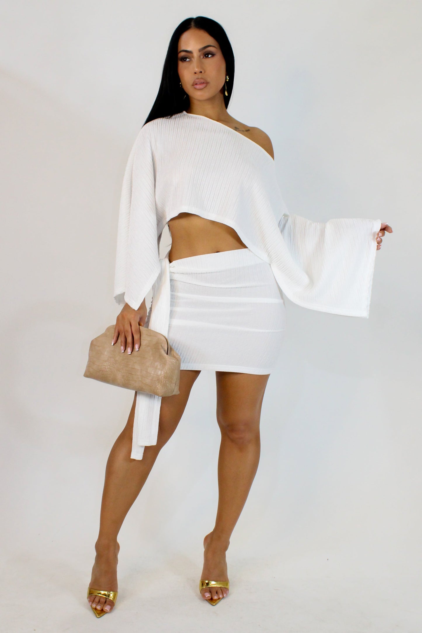 Loose Cropped Top & Skirt Set- White