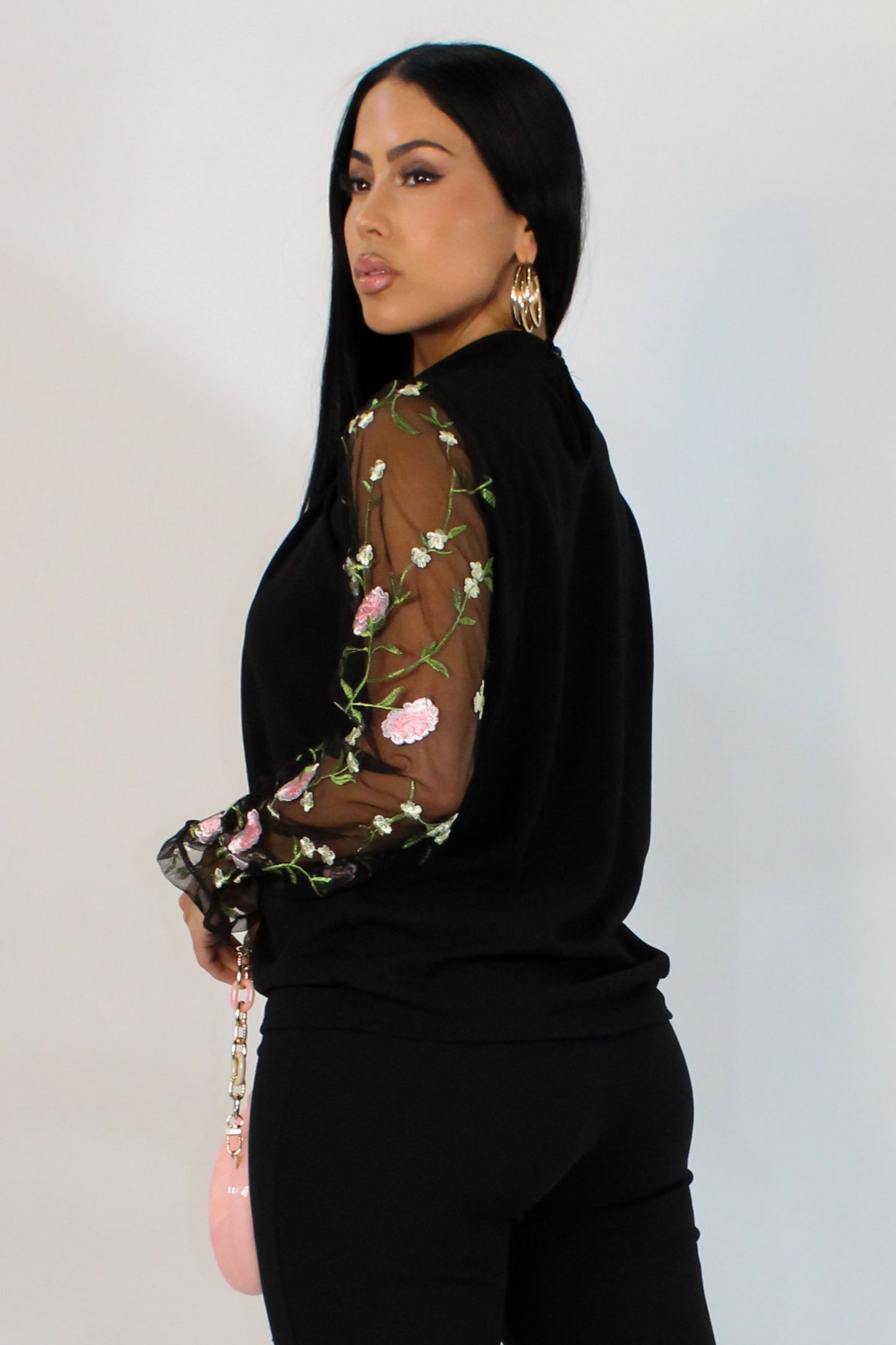 Pink Rose Mesh Shoulder Blouse- Black