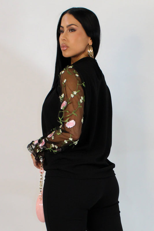 Pink Rose Mesh Shoulder Blouse- Black