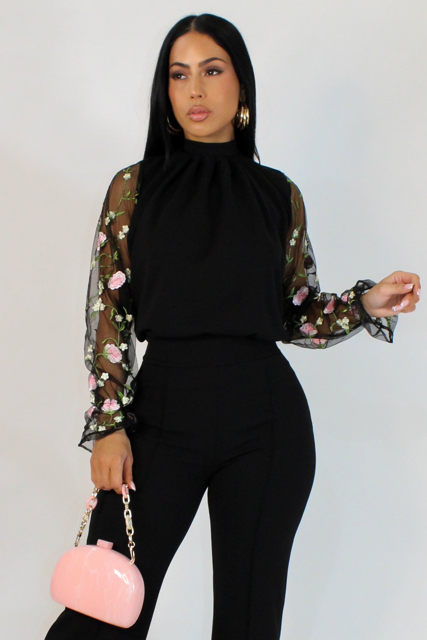 Pink Rose Mesh Shoulder Blouse- Black