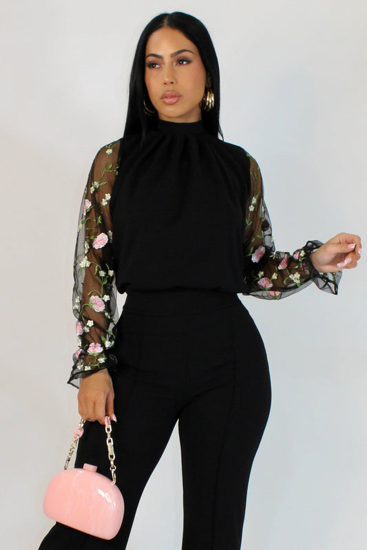 Pink Rose Mesh Shoulder Blouse- Black