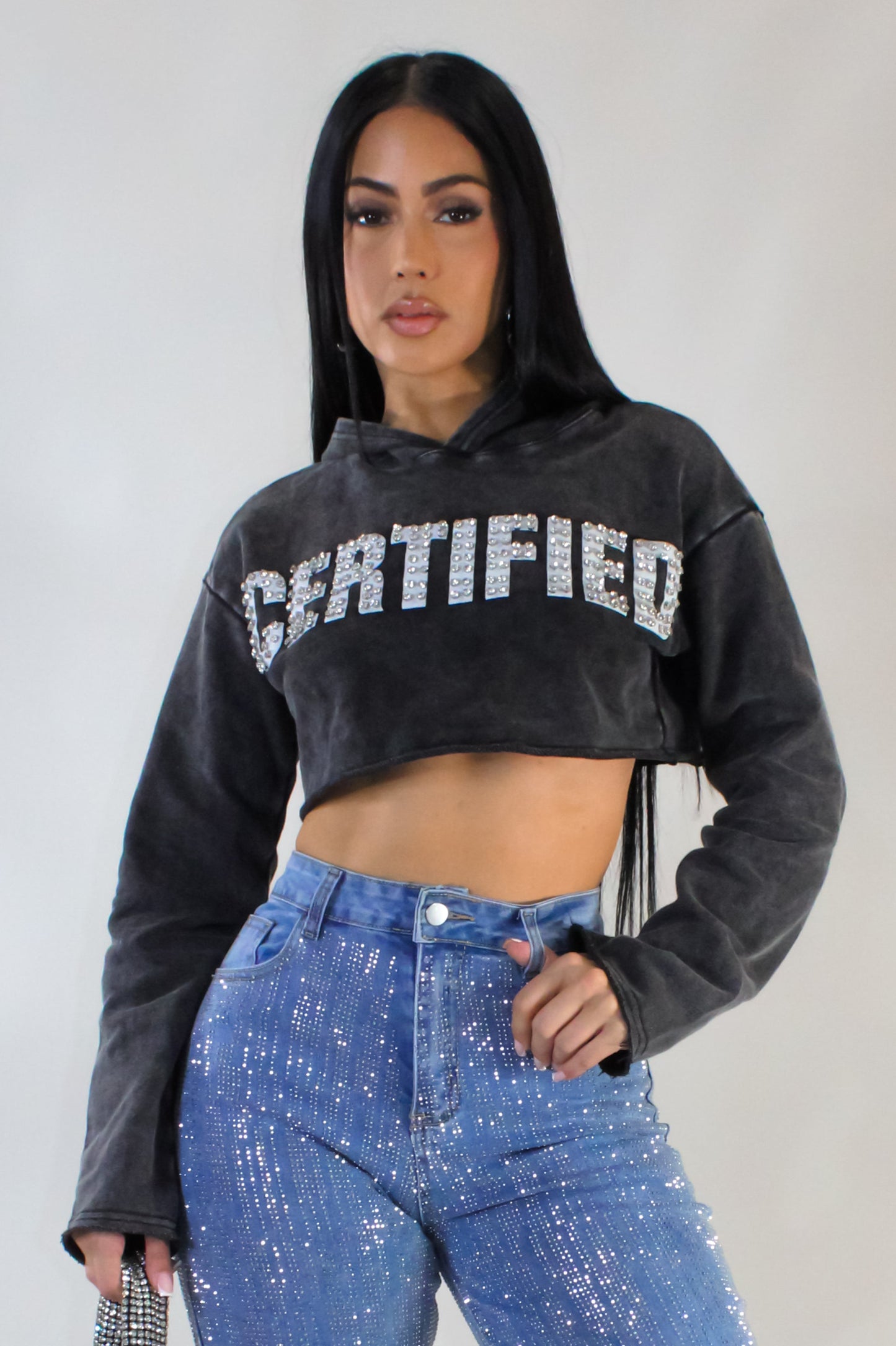 "Certified" Cropped Hoodie- Grey