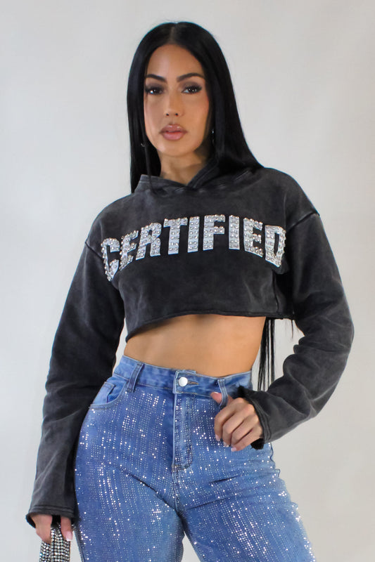 "Certified" Cropped Hoodie- Grey