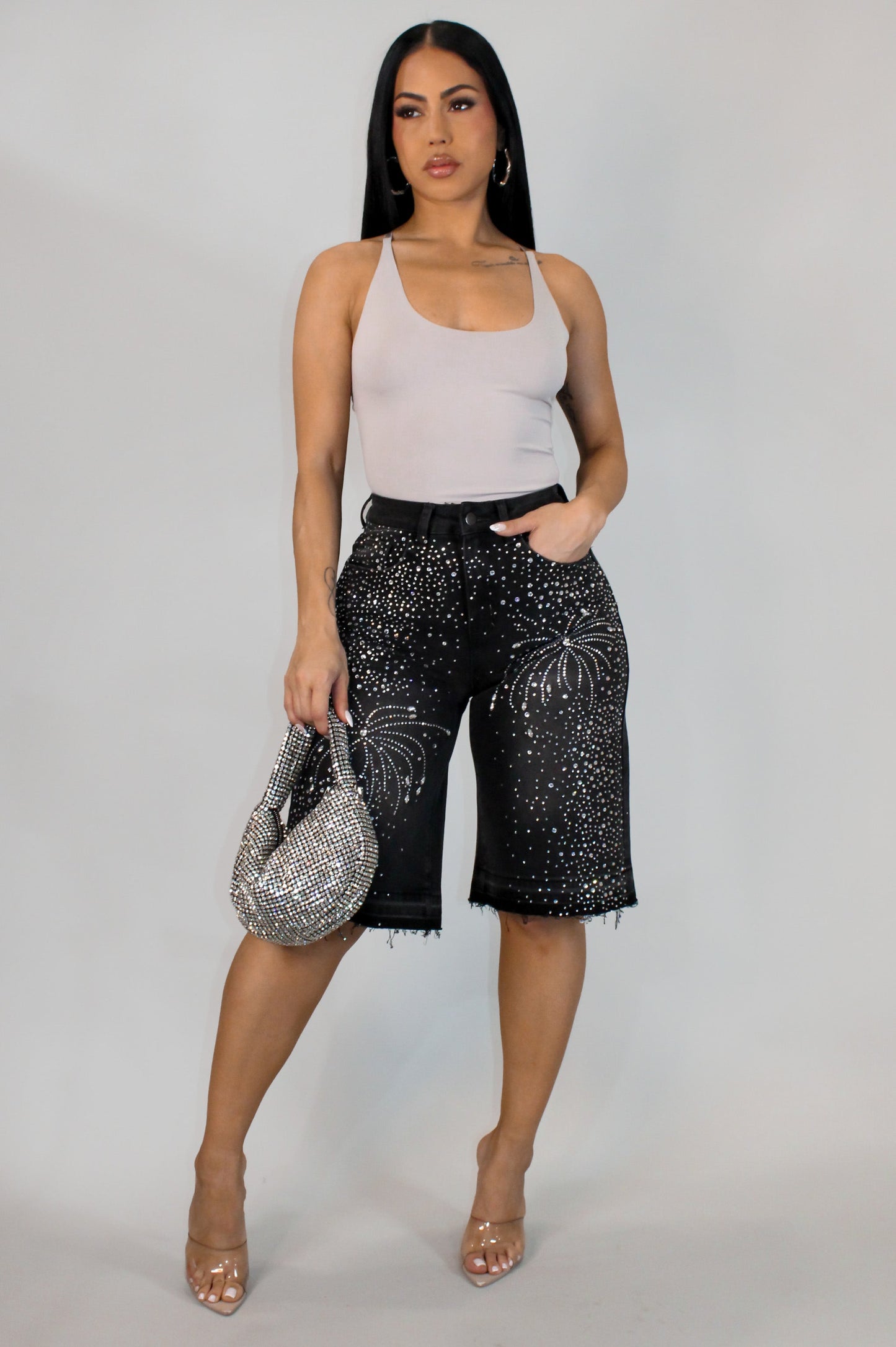 Bling Bling Bermuda Shorts- Black Denim
