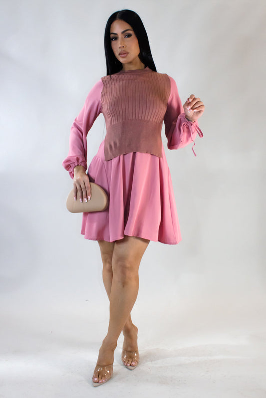 Knitted Vest on Mini Dress- Pink